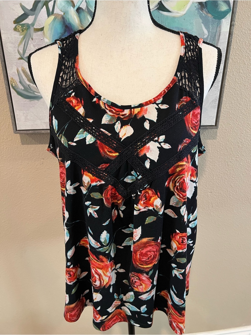 Xhilaration Black Tank Top with Red Rose Floral Print